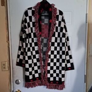 Chic Black and White Checkered Cape with Red Fringe